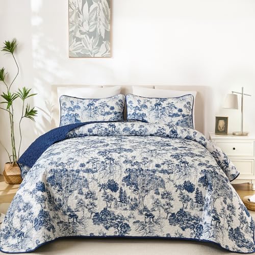 Botanical Floral Queen Quilt Set - 3-Piece Reversible Navy Blue Bedspread