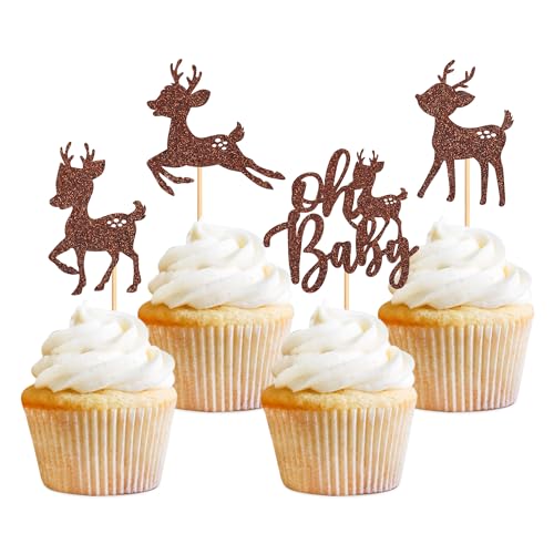 Ercadio 36Pcs Cute Sika Deer Cupcake Toppers Pattern-1 for Woodland Christmas Baby Shower