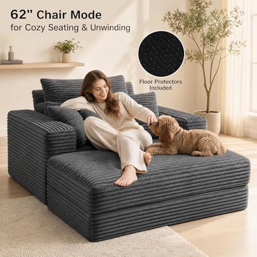 Oversized Corduroy Sleeper Chair with Ottoman, 3-in-1 Convertible Lounge