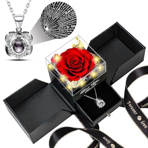 Preserved Real Red Rose Box with Heart I Love You Necklace Gift Set