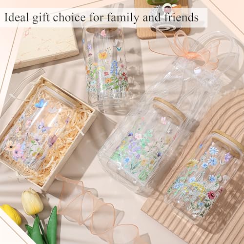 Mumufy 6-Piece Wildflower Glass Cups Set with Lids & Straws - 16 oz