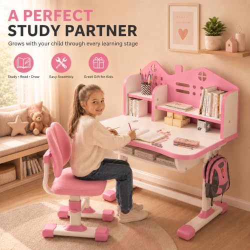 Adjustable Kids Study Desk and Chair Set with Storage Drawer and Bookstand