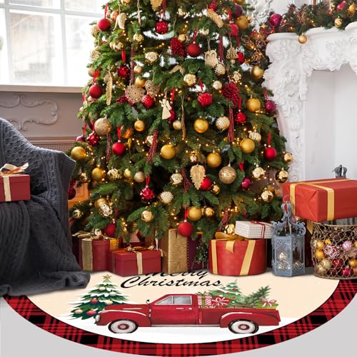 48 Inch Red Truck Christmas Tree Skirt - Holiday Decor for Indoor & Outdoor Use