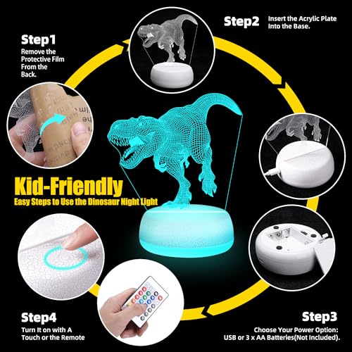 3D Dinosaur Night Light - 16 Color Changing LED Lamp for Kids Bedroom