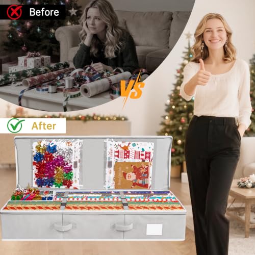 Underbed Gift Wrapping Paper Storage Organizer for 24 Rolls with Pockets