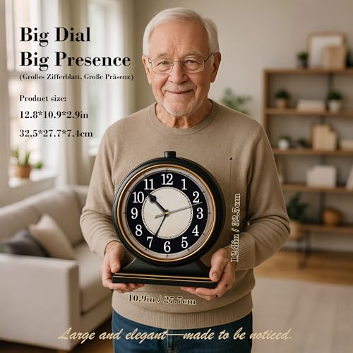 Vintage 10-Inch Silent Desk Clock, Non-Ticking Retro Mantel Table Clock