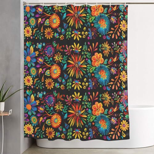 Mexican Floral 4-Piece Bathroom Set with Shower Curtain & Mats - Black