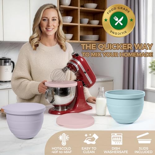 5Qt Silicone Bowl Liners for Tilt-Head Stand Mixers, 3-Pack with Lids
