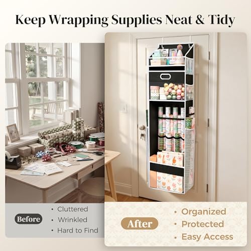 Over The Door Wrapping Paper Storage Organizer with Drawer and Mesh Pockets