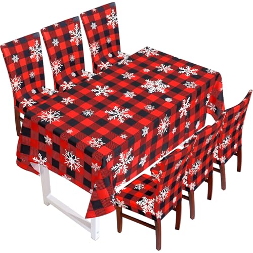 Preboun Classic 7-Piece Christmas Buffalo Plaid Tablecloth & Chair Cover Set