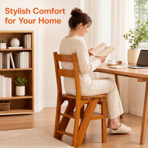 4-Tier Wooden Folding Step Ladder Chair, Multi-Function Step Stool
