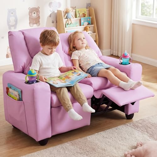 2-Seater Kids Recliner Sofa with Cup Holders and Storage Pockets