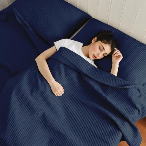 Waffle Weave Cotton Pillow Shams Set of 2, Standard 20x26, Navy Blue