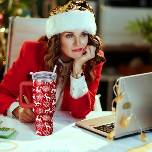 Kearscupra 40oz Reindeer & Snowflakes Tumbler with Handle & Straw – Stainless Steel Insulated Cup