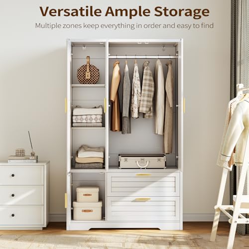 71-Inch Wood Wardrobe Closet with Mirror, 3 Doors and 2 Drawers