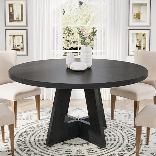 47-Inch Round Wooden Dining Table, Black Kitchen Table with Cross Base