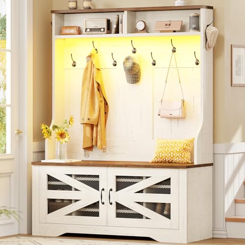 5-in-1 Entryway Hall Tree with Shoe Storage Bench, Coat Rack and LED Lights