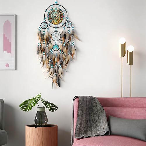 Large Handmade Wolf Dream Catcher for Wall Decor and Bedroom Hanging