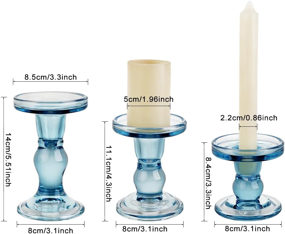 Skiennix 3-Piece Blue Glass Candlestick Set - Elegant Crystal Holders for Weddings & Home Decor