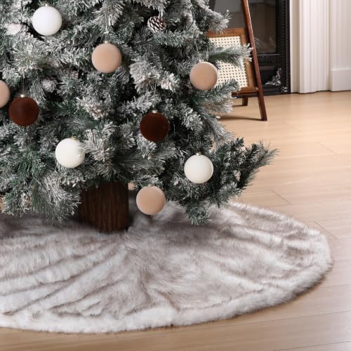 72 Inch Faux Fur Christmas Tree Skirt - Thick White Brown Tip Luxury Decor