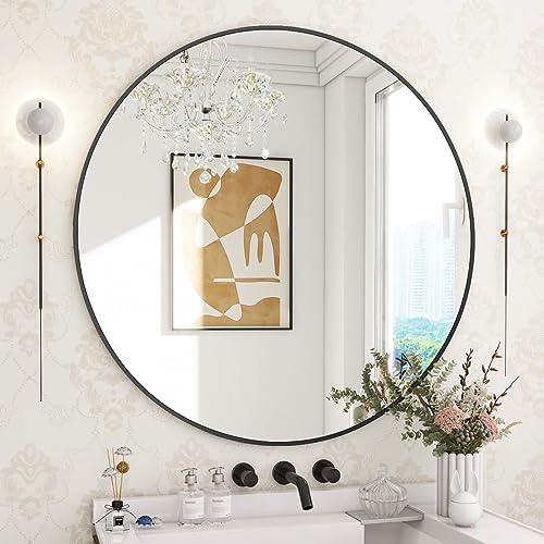 30-Inch Round Wall Mirror with Brushed Metal Frame, Black Circle Mirror