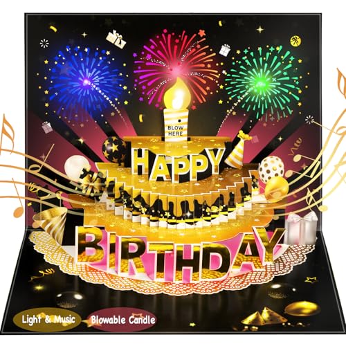 Bevbovcard Pop Up Birthday Card with LED Light & Music Blow Out Candle