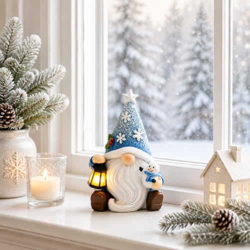 Blue Lighted Christmas Gnome Decor with Timer – Resin Snowman Figurine