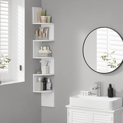 VASAGLE Corner Shelf Wall Mount, 5-Tier Floating Corner Bookshelf, Plant Shelf for Bedroom, Living Room, Bathroom, Home Office, Cloud White