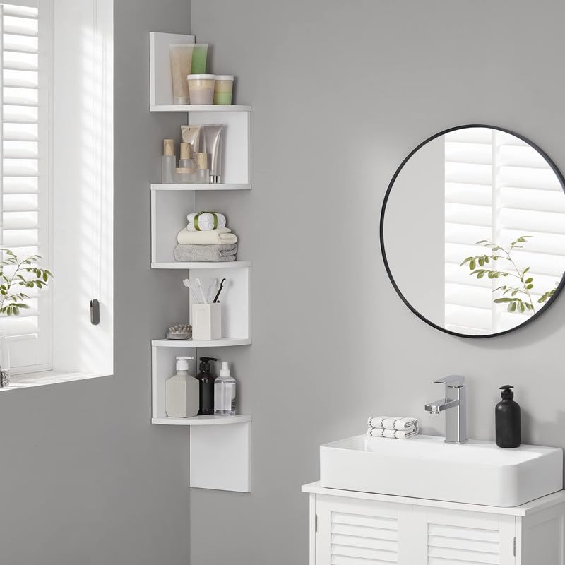 5-Tier Floating Corner Shelf, Wall-Mounted Bookshelf in Cloud White