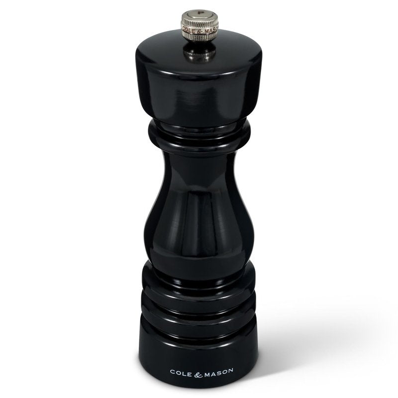 Cole & Mason H233098 London Black Gloss Salt and Pepper Mill Set, Precision+ Carbon/Ceramic Mechanisms, Salt and Pepper Grinders with Adjustable Grind, Beech Wood, 180mm, Gift Set