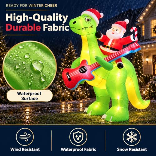 Moerge 5.7ft Santa Riding Dinosaur Inflatable with 8 LED Lights - Outdoor Christmas Decor