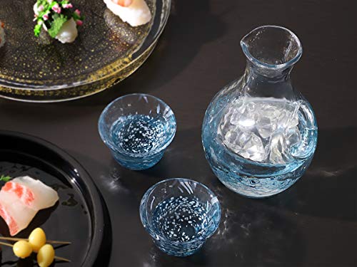 Japanese Glass Sake Set Blue 10.1oz Carafe & Cups - Made in Japan