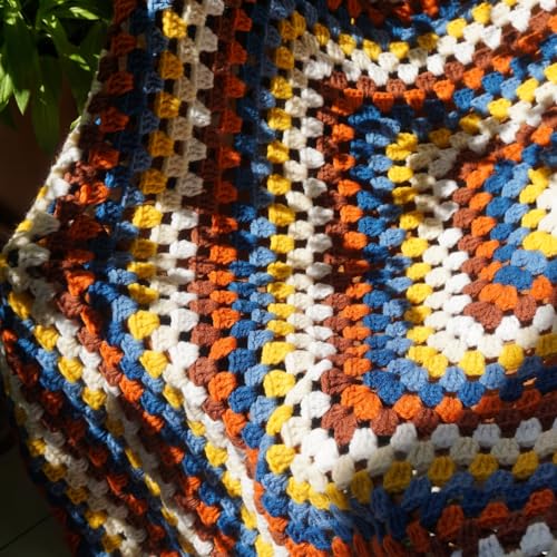 CZQLWW Handmade Crochet Granny Square Throw Blanket - Boho Multicolor Quilt, 43x43 inches, Sweater Style - Variation B
