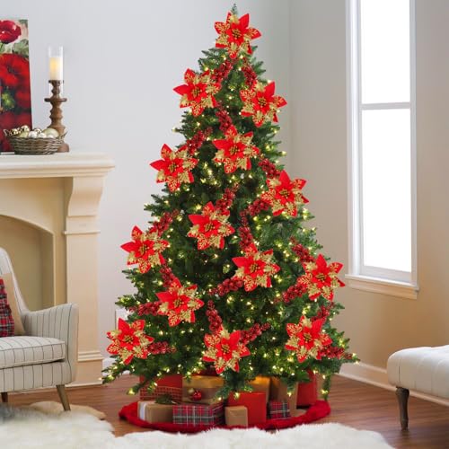 Trytuny 50pcs Glitter Poinsettia Ornaments with Clips Red - DIY Wreath & Christmas Tree Flowers