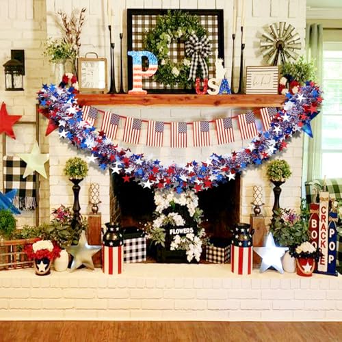 50ft Patriotic 4th of July Tinsel Garland - Red White & Blue Star Decor