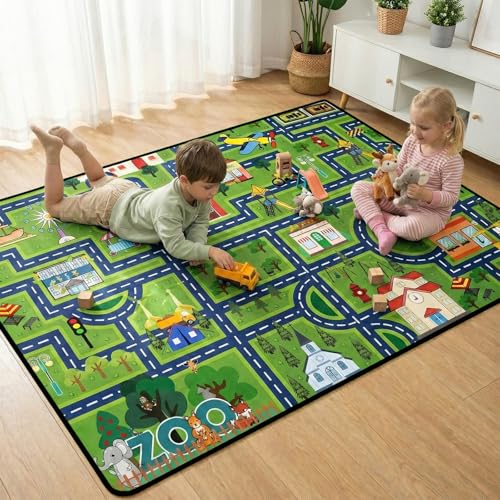 Kids City Life Road Play Rug - 2.5x4 Feet Non-Slip Educational Traffic Mat