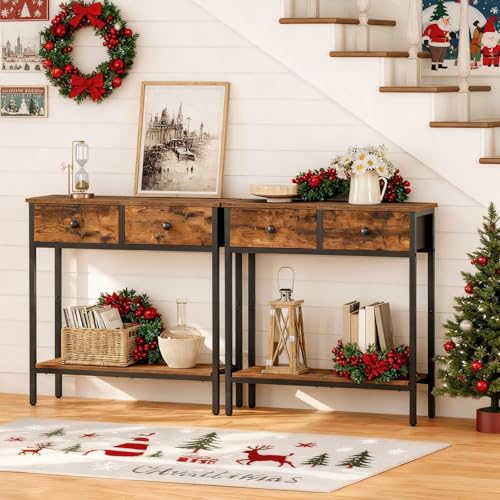 29.5-Inch Narrow Console Table with 2 Fabric Drawers and Storage Shelves