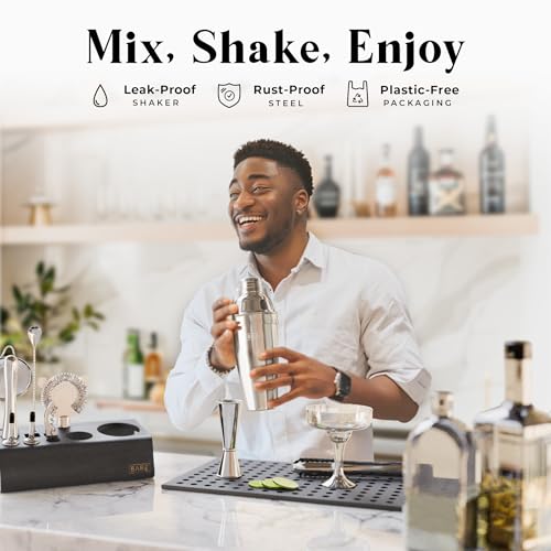 Bare Barrel® 14-Piece Cocktail Bar Set with 24oz Silver/Black Cobbler Shaker & Recipe Cards