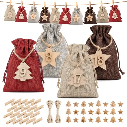 24-Pack Christmas Advent Calendar Gift Bags with Wooden Tags & Clips