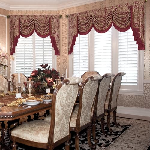 Loom and Mill Burgundy Waterfall Valance 59"W x 45"L - Elegant Jacquard Window Treatment
