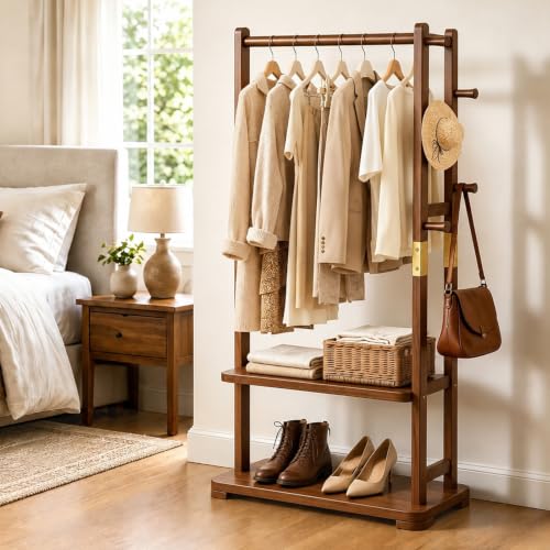 Solid Wood Freestanding Coat Rack with Shelves and 5 Hooks