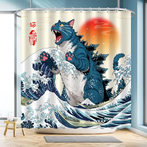 Blue Cat Monster Shower Curtain - Japanese Anime Style, 72 x 72 Inches