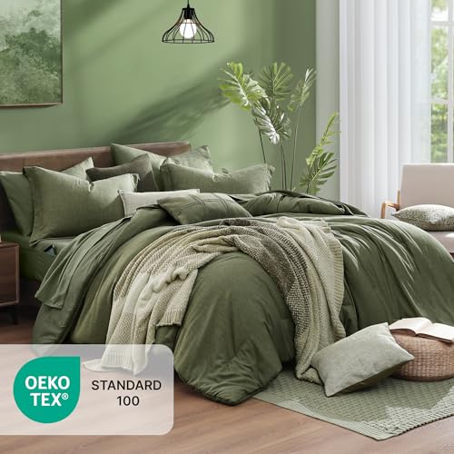 King Size Comforter Set - 7-Piece Olive Green Bed in a Bag Bedding
