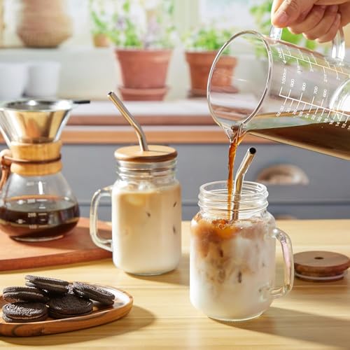 DRASTAR Clear 16 oz Mason Jar Coffee Cups Set of 2 with Handles & Lids
