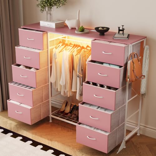 55-Inch Dresser with 10 Fabric Drawers, Hanging Rack, LED Lights & Charging
