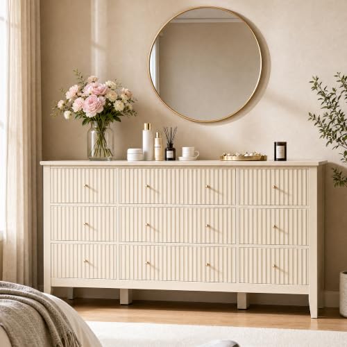 59-Inch Fluted 9-Drawer Dresser, Modern Beige Wooden Storage Cabinet