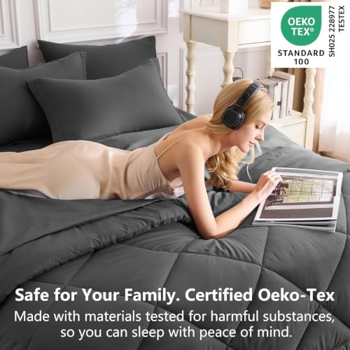 CozyLux Queen Comforter Set 7-Piece Bed in a Bag Dark Grey Microfiber