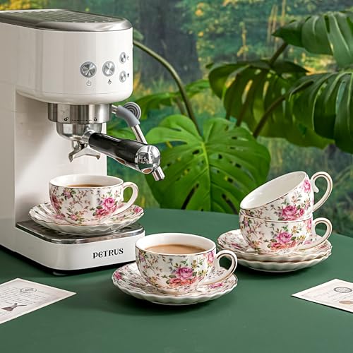 Agyiuns White Floral Tea Cups & Saucers Set - 6.4oz Porcelain Gold Trim, Elegant Gift