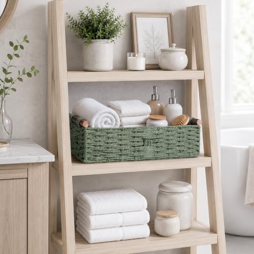 Round Paper Rope Storage Basket Wicker Organizer with Handle Green
