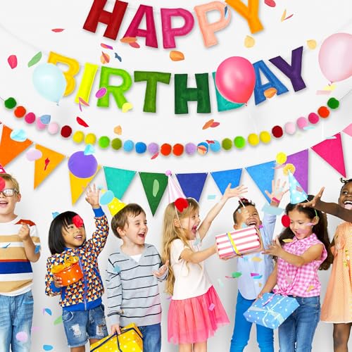 3D Rainbow Happy Birthday Banner Set, Pre-Strung Felt Party Decorations